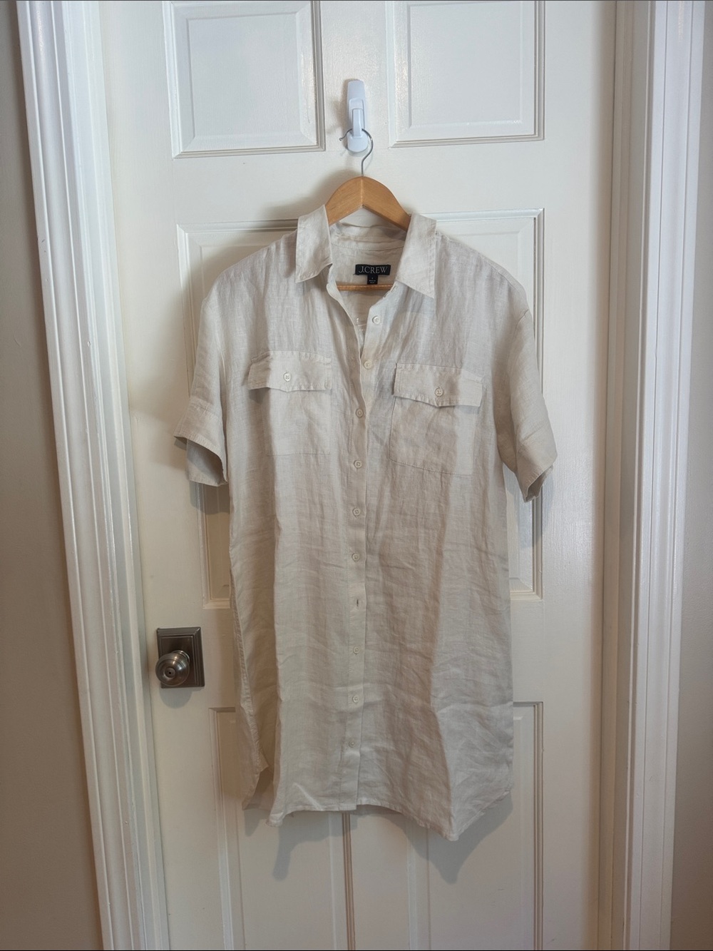 J. Crew women’s Cream Short-Sleeve Button-Up Linen Shirt dress size S